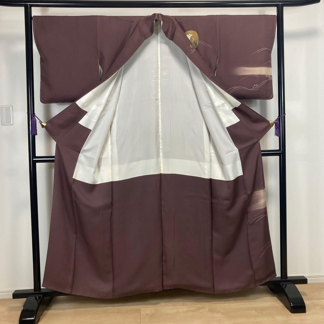 ZF-1348 訪問着 作家物 落款 モダン ハイセンス 正絹 共八掛 小豆色