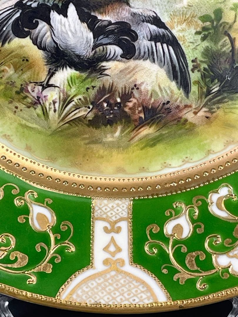 【美品】 オールドノリタケ ２１．９㎝ 黒雷鳥紋金盛り皿 ライチョウ 雉 キジ