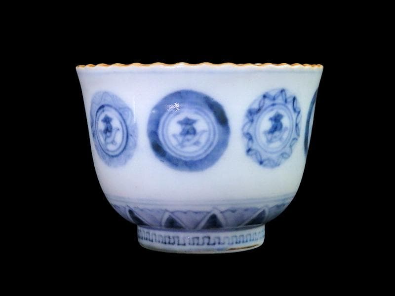 古伊万里　染付　丸紋に赤壁の賦の図　向付　５客　E880AS-fbsp