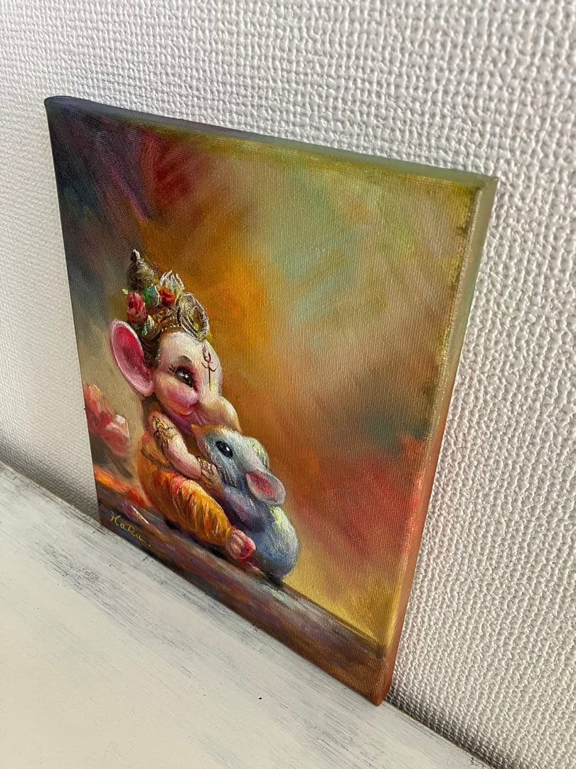 ☆ HaRu ガネーシャ 神様 鼠 1点物 真作 原画 絵画 油絵 ♪ F3