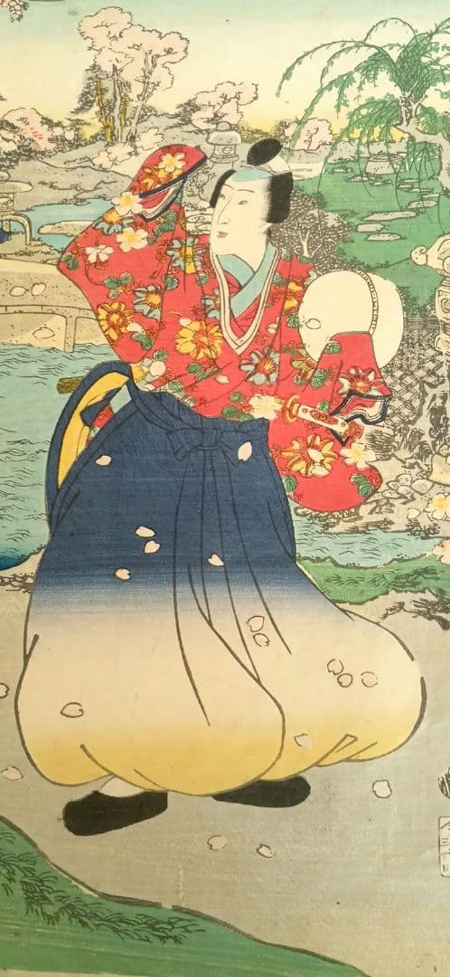 浮世絵、偐紫源氏姿美多て八景の内春嵐、二代国貞画三枚綴りの内右側と真ん中2枚売り