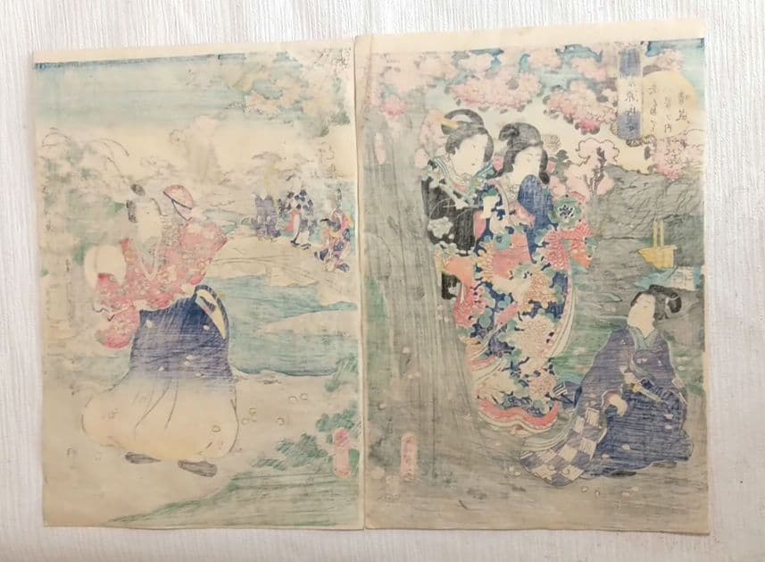 浮世絵、偐紫源氏姿美多て八景の内春嵐、二代国貞画三枚綴りの内右側と真ん中2枚売り