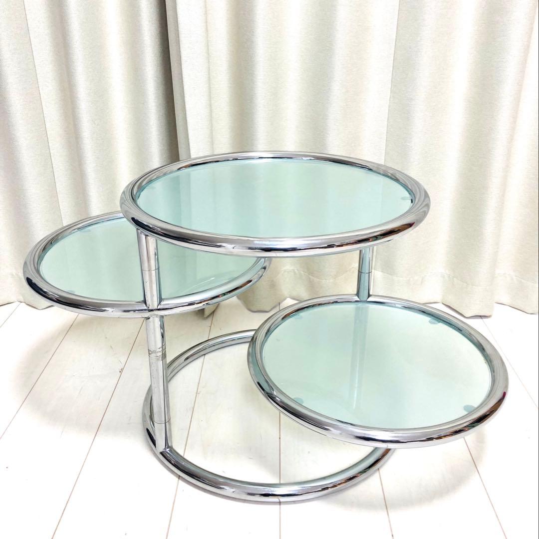 ミッドセンチュリー　ガラステーブル　4段　可変式　丸テーブル　インテリア