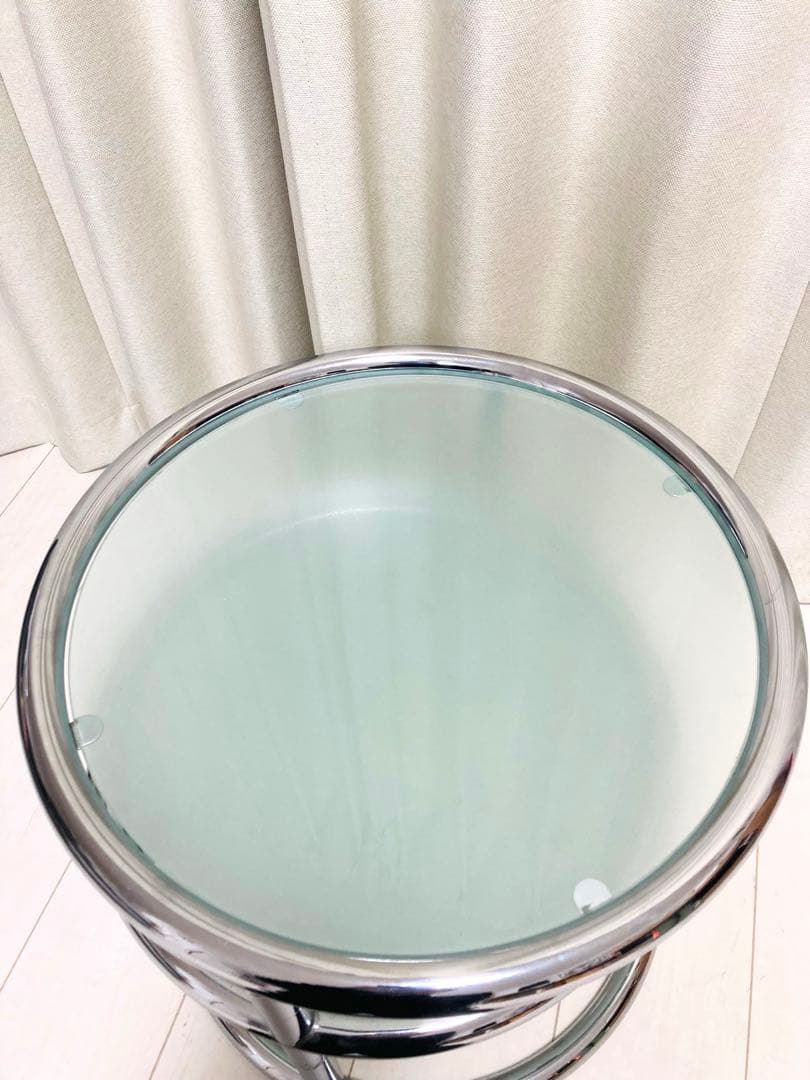 ミッドセンチュリー　ガラステーブル　4段　可変式　丸テーブル　インテリア