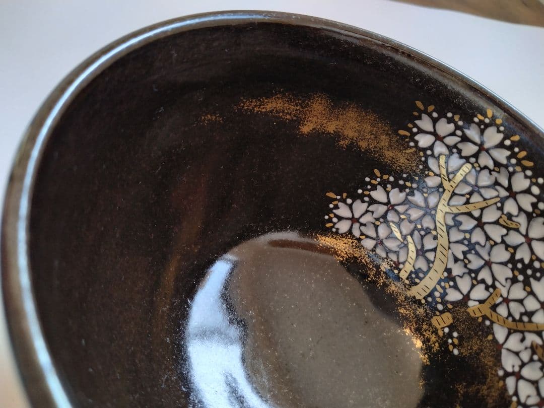 陽炎園　膳所焼　色絵夜桜茶碗　抹茶碗　茶道具　淡海膳所　共箱 共布 栞付