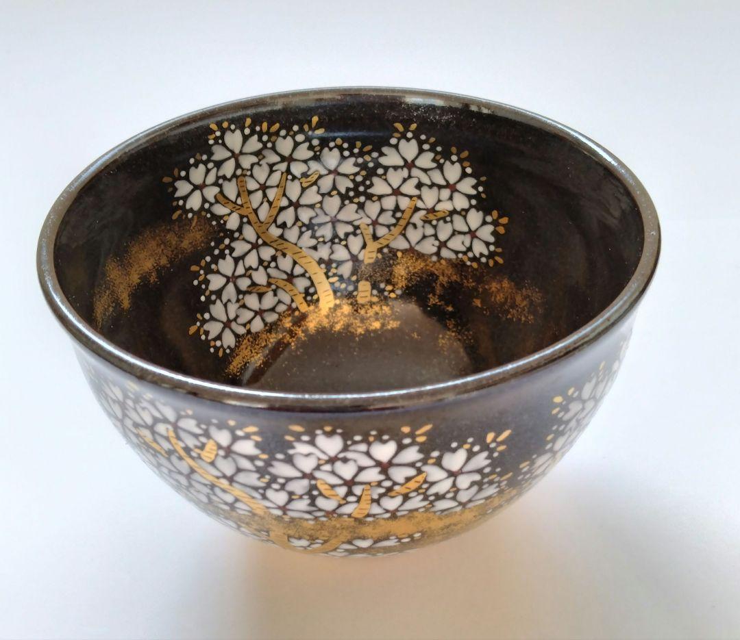 陽炎園　膳所焼　色絵夜桜茶碗　抹茶碗　茶道具　淡海膳所　共箱 共布 栞付