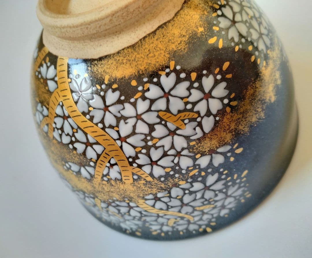 陽炎園　膳所焼　色絵夜桜茶碗　抹茶碗　茶道具　淡海膳所　共箱 共布 栞付