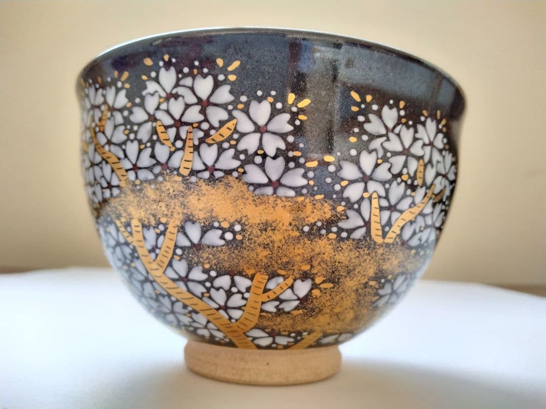 陽炎園　膳所焼　色絵夜桜茶碗　抹茶碗　茶道具　淡海膳所　共箱 共布 栞付