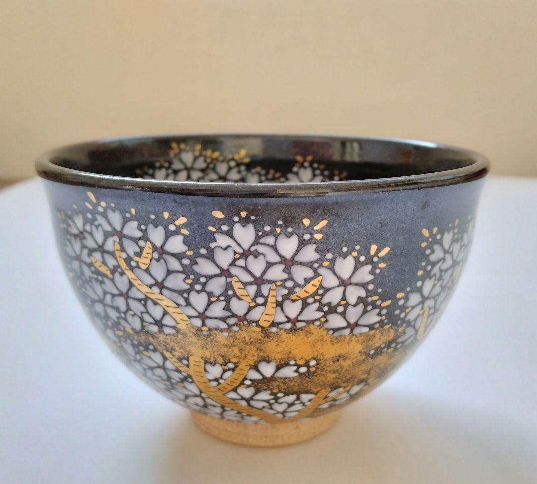 陽炎園　膳所焼　色絵夜桜茶碗　抹茶碗　茶道具　淡海膳所　共箱 共布 栞付