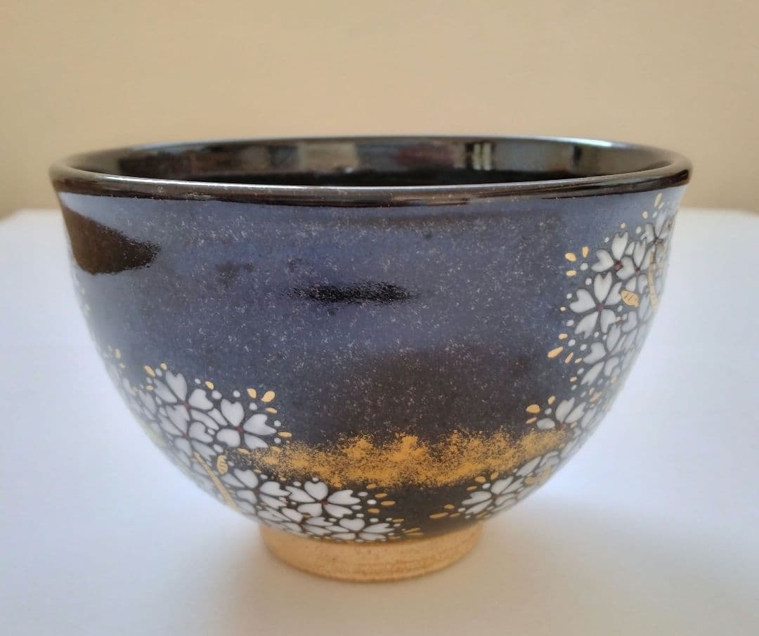 陽炎園　膳所焼　色絵夜桜茶碗　抹茶碗　茶道具　淡海膳所　共箱 共布 栞付