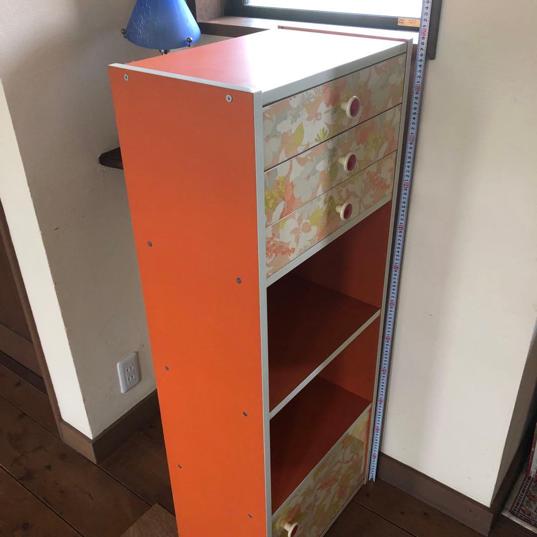 最終値❗️昭和レトロな木製ラック　オレンジ色の引き出しは3段 赤いつまみが可愛い