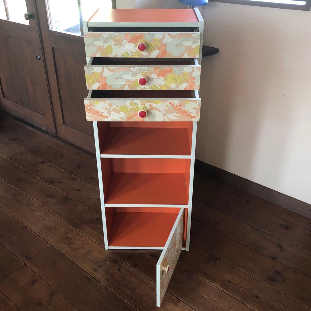 最終値❗️昭和レトロな木製ラック　オレンジ色の引き出しは3段 赤いつまみが可愛い