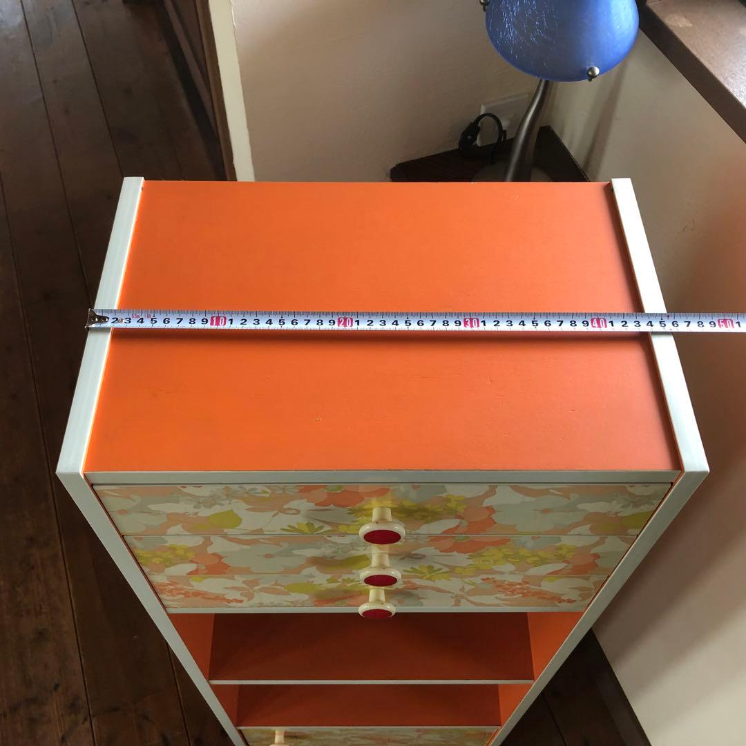 最終値❗️昭和レトロな木製ラック　オレンジ色の引き出しは3段 赤いつまみが可愛い