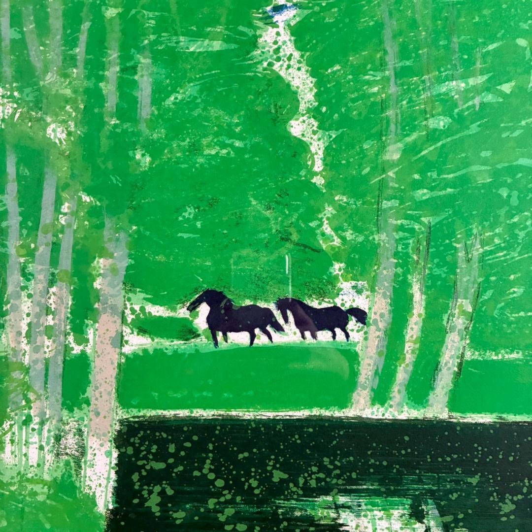 美品 アンドレ・ブラジリエ「池の小馬」リトグラフ 大作 直筆サイン入り 額縁入り