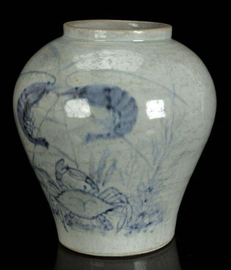時代物 李朝 染付魚蟹海老文 壺 花瓶 箱付 白磁 青花 朝鮮古陶 唐物 骨董品