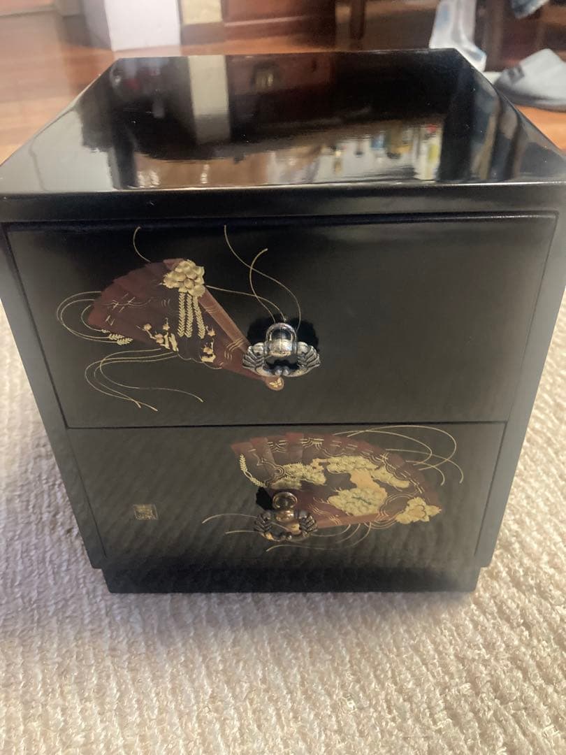 和風 漆塗り風 引き出し付き小物入れ 扇面蒔絵風 収納箱」