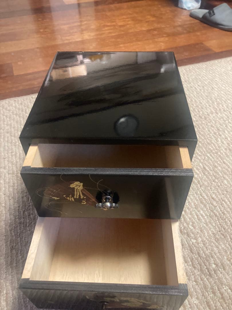和風 漆塗り風 引き出し付き小物入れ 扇面蒔絵風 収納箱」