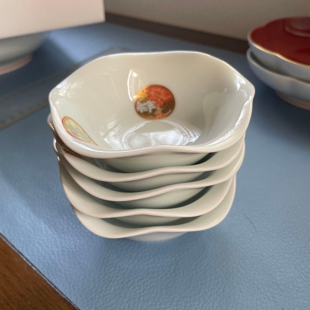 オールド香蘭社 花瓶　老松　手描き+深川製磁　寿赤絵　小鉢五脚