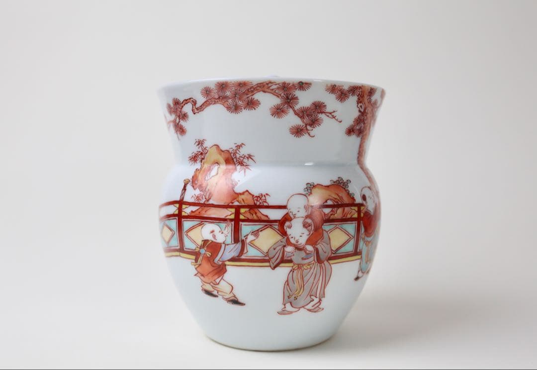 春峰 赤絵 細密唐子絵 水指 壺 茶道具 茶器