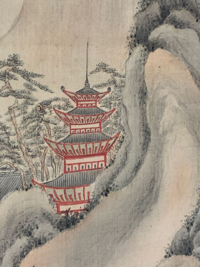 『8606』明治期文人画家 田能村直入（小虎散人） 真筆 楼閣山水図 絹本掛軸