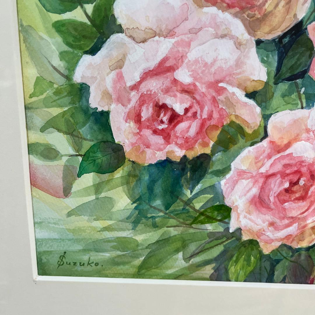 バラのささやき　額縁付き　透明水彩画