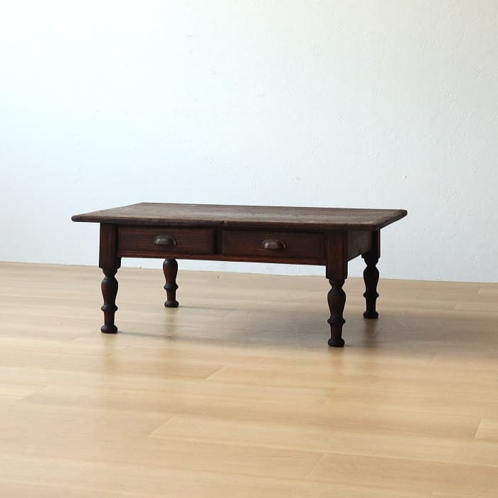 アンティーク ロクロ脚 引き出し付き 無垢材 文机 古家具 ブラウン