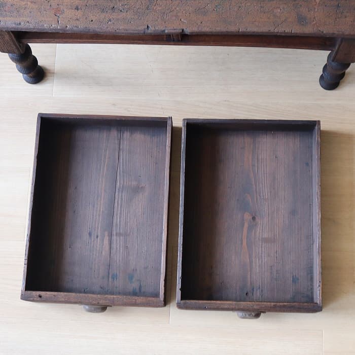 アンティーク ロクロ脚 引き出し付き 無垢材 文机 古家具 ブラウン