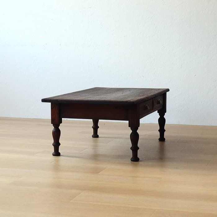 アンティーク ロクロ脚 引き出し付き 無垢材 文机 古家具 ブラウン