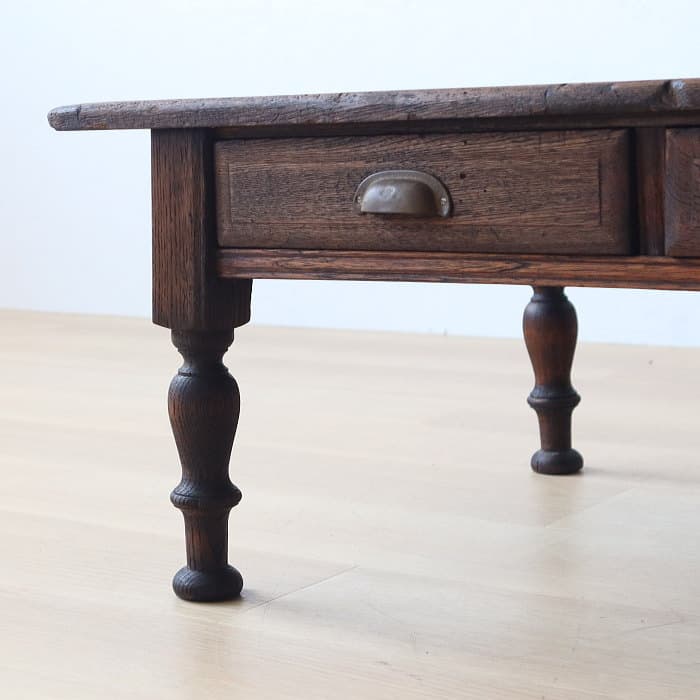 アンティーク ロクロ脚 引き出し付き 無垢材 文机 古家具 ブラウン