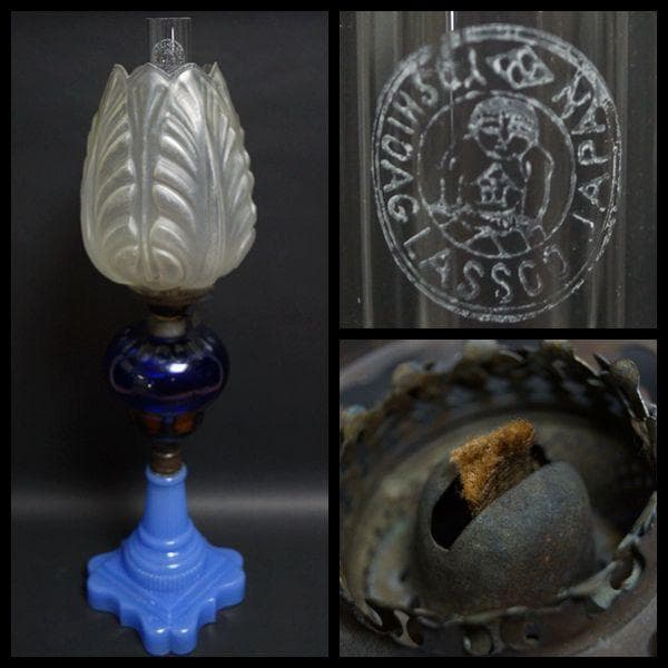 明治期 ガラス製大型オイルランプ花蕾型ランプ/切子油壷/ 水色練台座 台ランプ