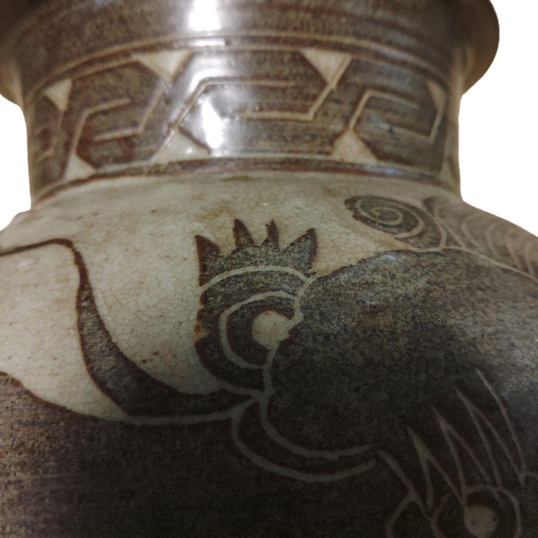 中国古玩　磁州窯雲龍文壺　花瓶　置物　時代