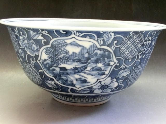 鉢■京焼手描き染付【平安 懐泉造】窓山里山水図菓子鉢 京都名工 青華 骨董品■