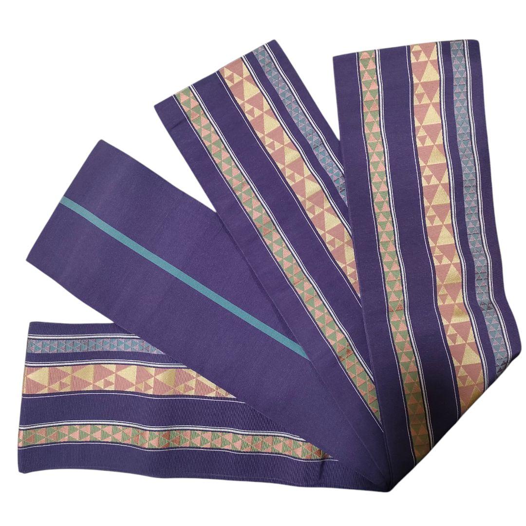 半幅帯ゆかたの帯長さ342cm幅15cm博多織正絹うろこ鱗柄横縞ボーダー灰紫色