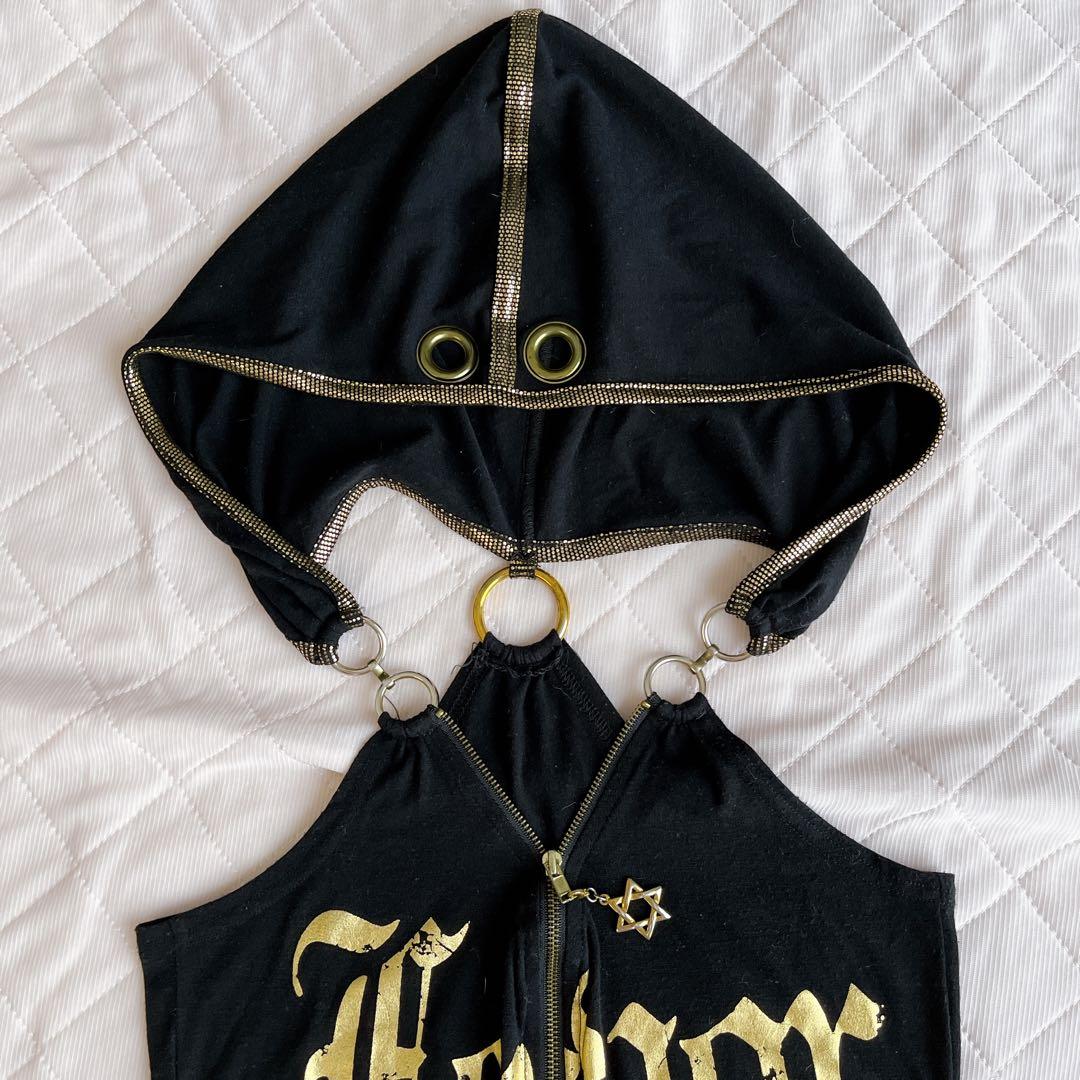 美品 d.i.a フード付き タンクトップ ブラック ゴールドプリント 黒