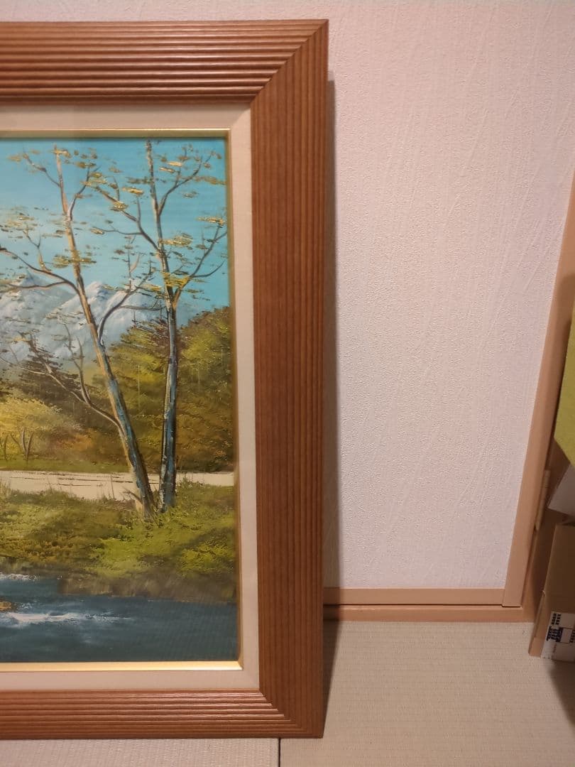 絵画　沢健　油彩10号　信濃の清流 　風景画　真筆証明書付