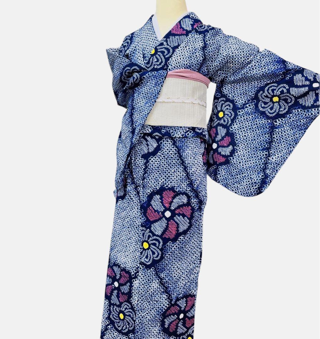 A84有松鳴海絞り 高級浴衣 花 綿　紺　美品　身丈165cm