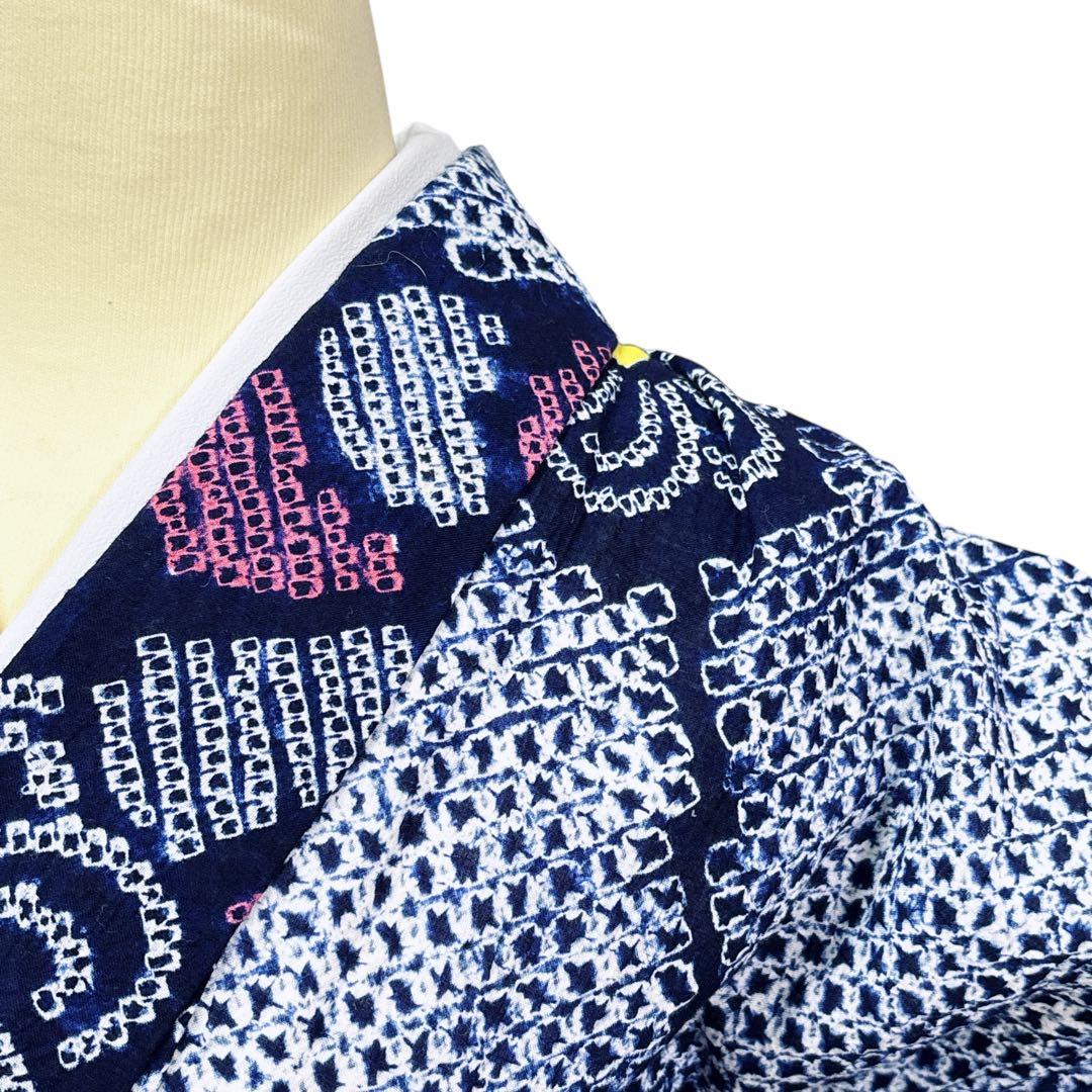 A84有松鳴海絞り 高級浴衣 花 綿　紺　美品　身丈165cm