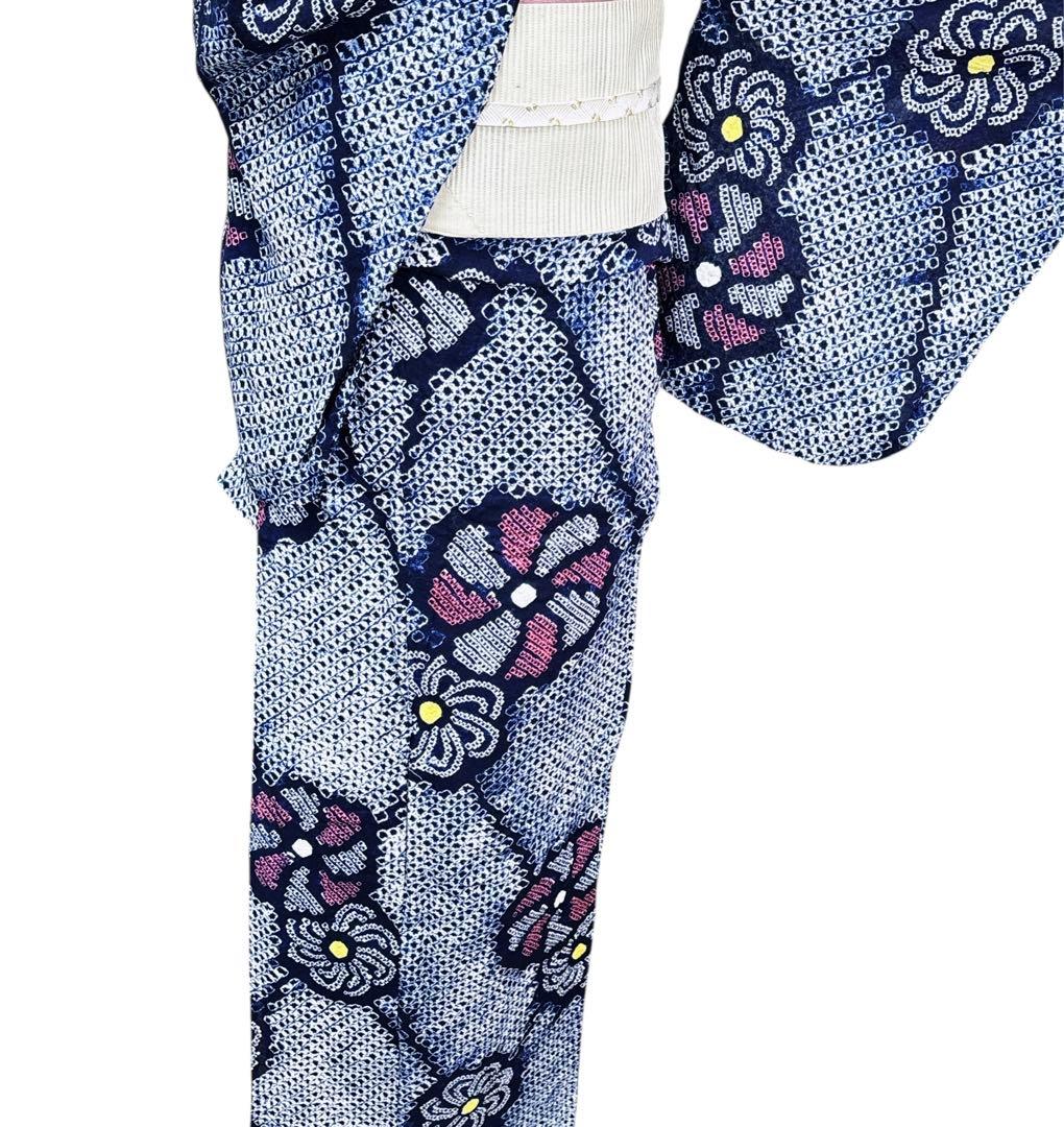 A84有松鳴海絞り 高級浴衣 花 綿　紺　美品　身丈165cm
