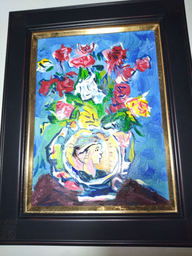 中川一政、絵画、油彩４号、薔薇、肉筆、新品額縁、片岡球子。