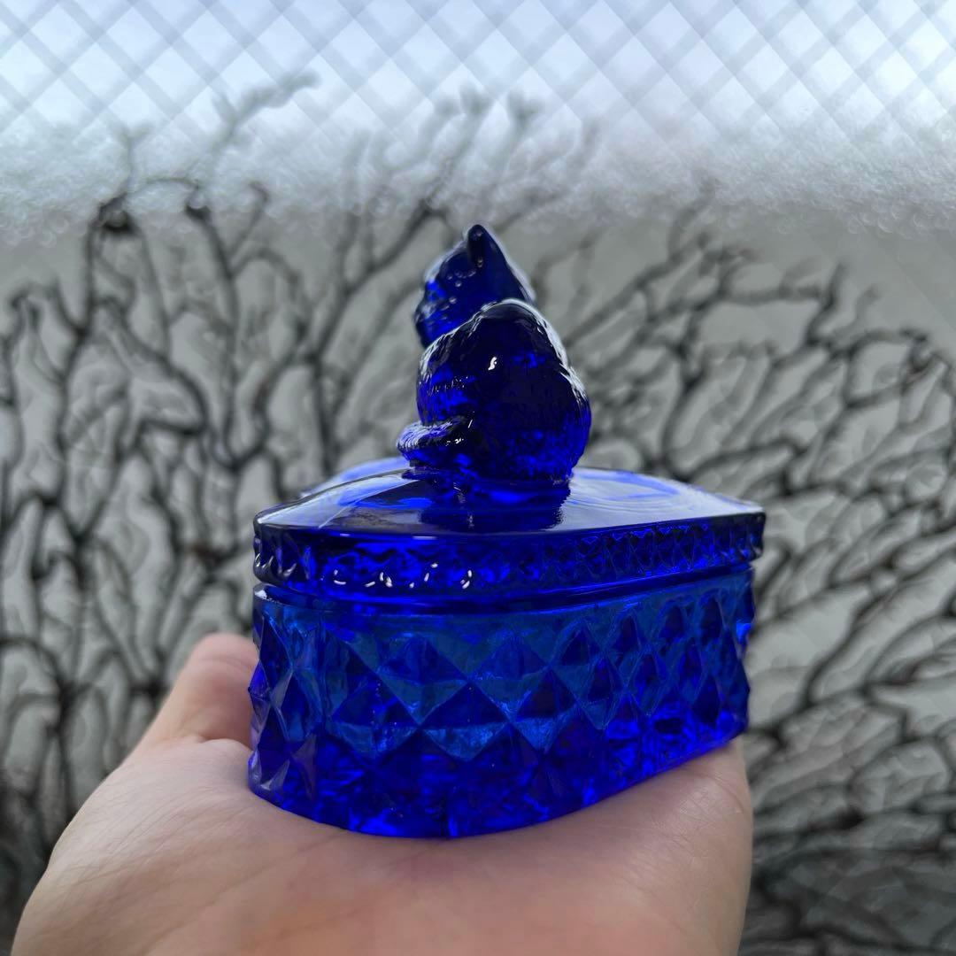 骨董　レトロガラス　希少コバルトブルー　瑠璃色ガラス　子猫　ボンボン入れ　菓子器