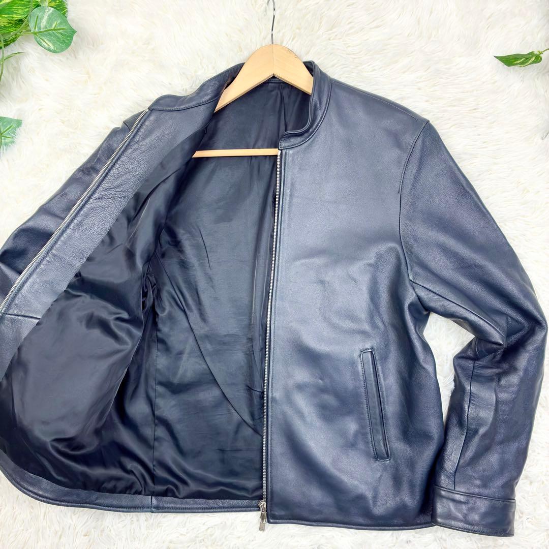 コムサイズム　ラムレザー　羊革　シングルライダース　レザージャケット　LL　紺色
