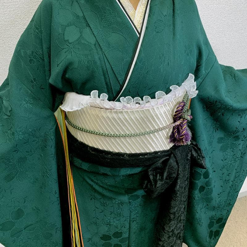 509z15.509y14.小物〇色無地 中振袖 桜 地紋 深緑 嘘つき袖付き〇