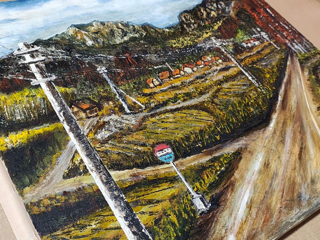 【F12号】大型 油絵 風景画 額縁入り バス停 山道 アンティーク 肉筆