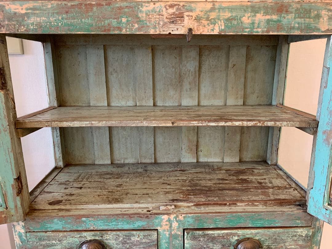 アンティークキャビネット 希少カラー　グリーンペイント　年代物　ビンテージ家具