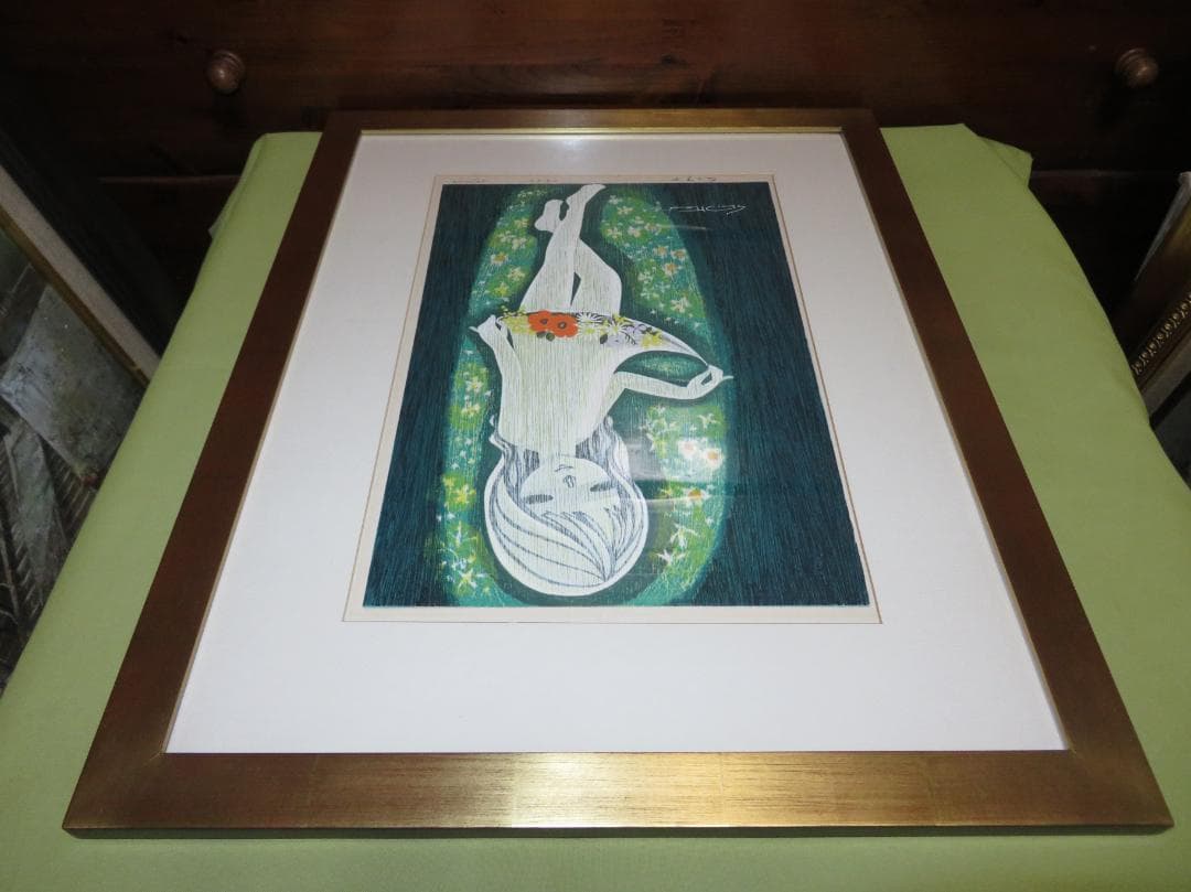 ◆　池田修三 「花の少女」　木版画　1977年　67/200　版上サインあり　◆