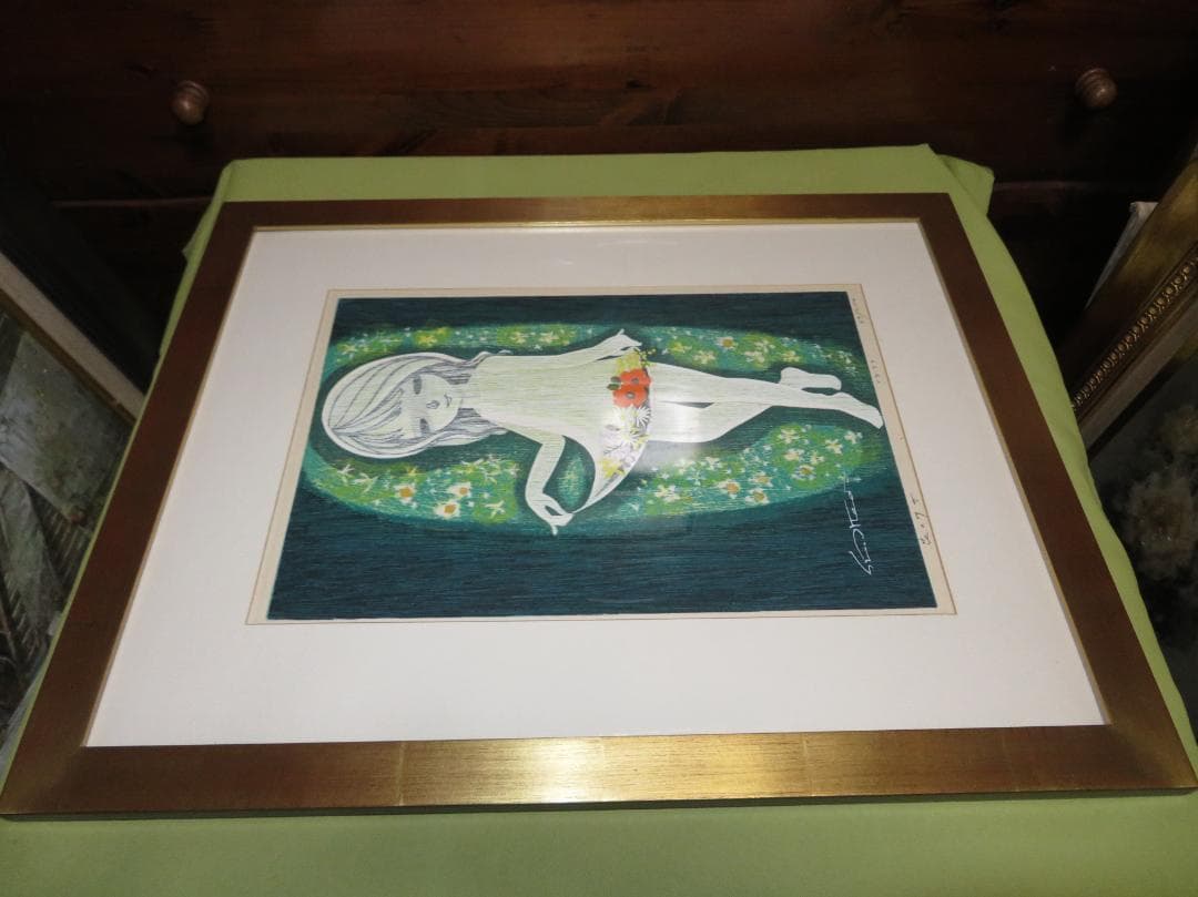 ◆　池田修三 「花の少女」　木版画　1977年　67/200　版上サインあり　◆