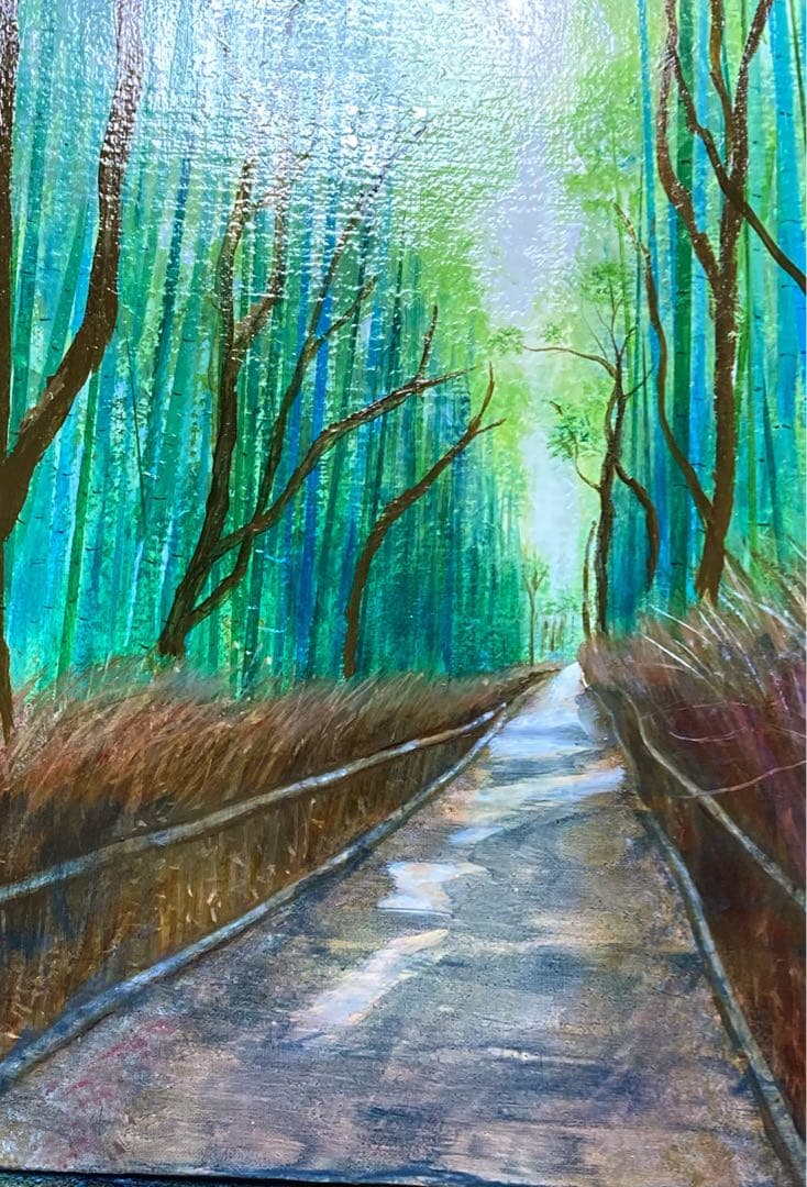 油彩画　「　竹林の道　」　原画　額付　F8