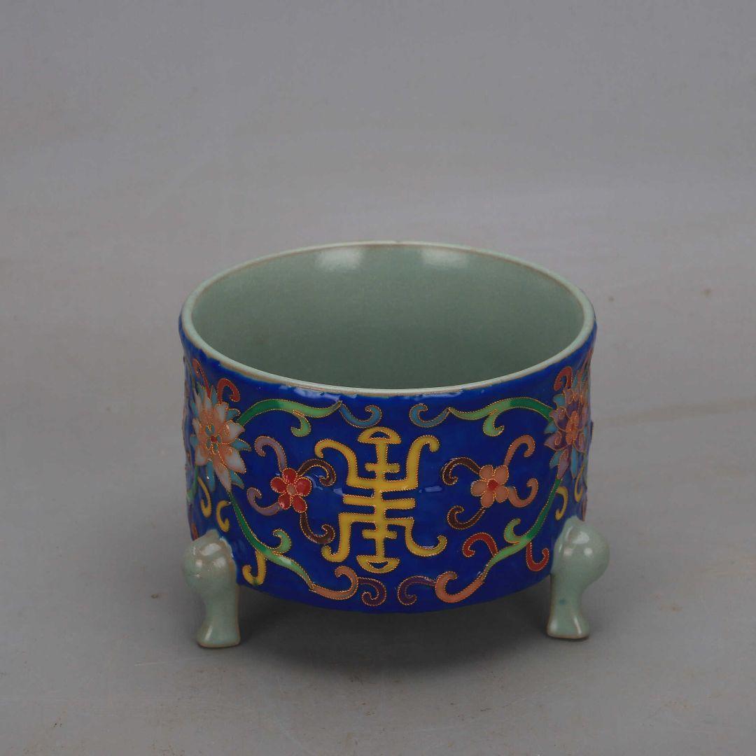 汝窯絞糸琺瑯彩寿字纏枝蓮三足玄紋香炉 景徳鎮 装飾品 現代工芸品 美術品 置物