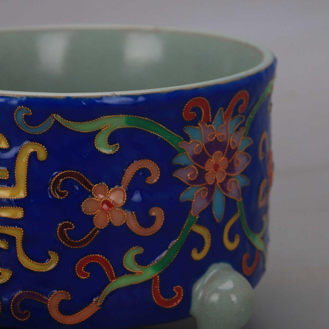汝窯絞糸琺瑯彩寿字纏枝蓮三足玄紋香炉 景徳鎮 装飾品 現代工芸品 美術品 置物