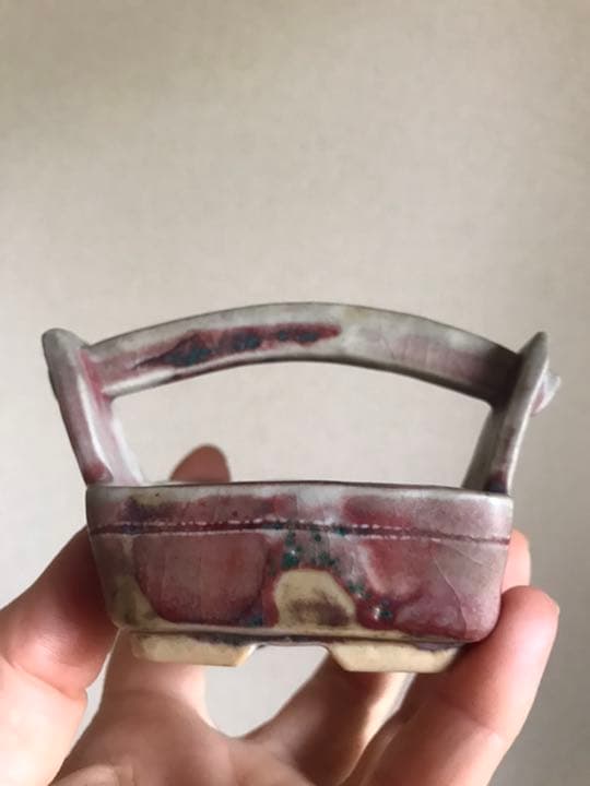 盆栽鉢　希少時代文山辰砂手桶鉢、紫陽花釉楕円鏡鉢、おまけ辰砂六角ミニ鉢山野草